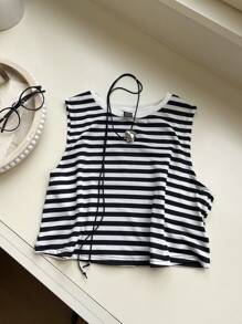 SHEIN EZwear Striped Crop Tank Top - Black and White - View 6