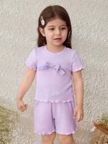 Blossori Conjunto de camiseta de manga corta y pantalones cortos con decoración de lazo, estilo campestre, para niñas bebé - Morado - Ver 5
