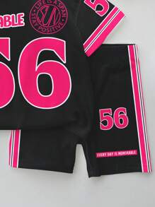 SHEIN 2pcs/Set Girls Casual Sports Style Outfit, Includes: 56 Graphic T-Shirt With "Every Day Is Memorable" Slogan Print And Contrast Color Block Sleeves, Matching Cycling Shorts, Suitable For Summer, Sports, Fitness, Shopping, And Social Activities