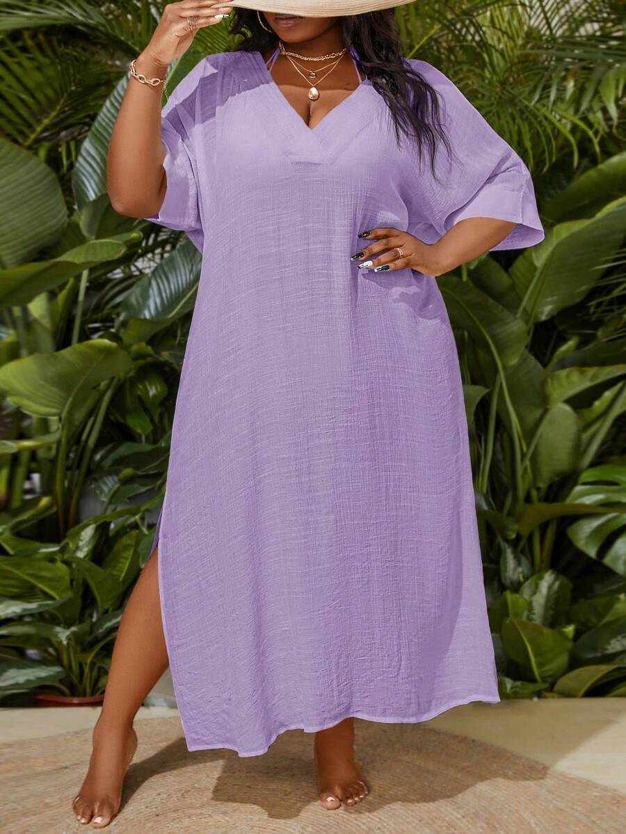 Slaydiva Plus Size Vacation Beach Solid Color Side Slit Cover-Up Dress For Summer - Mauve Purple - View 1
