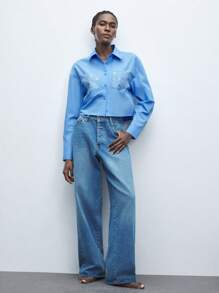 Maija Women's Rhinestone Decor Design Collar Front Open Long Sleeve Short Urban Fashion Shirt, Spring/Summer Business Casual Women's Wear, Office Wear, Low-Key Old Money Style, Effortless Temperament, High-End Urban Commuting, The Same Style As The Editor-In-Chief Of The Magazine, Urban Social Vacation Party Wear, Charming, Low-Key And Durable Basic Style, Versatile And Not Picky Clothing, Street Fashion Wear, Clothing, Coffee Shop, Relaxed Wear - Blue - View 2