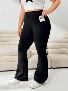 Solflare Pantalones anchos de punto elástico de cintura alta con bolsillos para mujer talla grande, para uso casual, yoga, al aire libre, de vuelta al colegio, para otoño e invierno, color negro sólido, con leggings de bolsillos