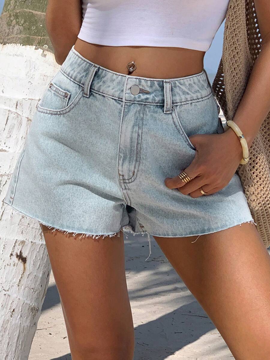 Livesso Women's Casual Fitted Frayed Hem Denim Shorts - Baby Blue - View 1