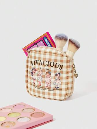 Kawaii Sac cosmétique de grande capacité, épais et rembourré, design carré compact avec motif de fille américaine