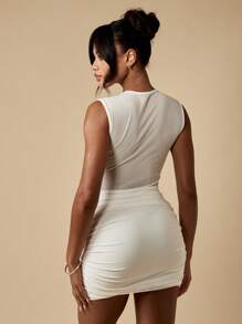 MISSGUIDED Designer Mesh Insert Mini Dress Ruched Draped Bodycon Party Club Night Out Form Fitting Sleeveless Evening Dress - White - View 2