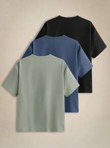 EASEVO 3pcs/Set Men Plus Size Solid Color Slim Fit Crew Neck Short Sleeve T-Shirts, Casual Knit Tees For Summer Daily Wear