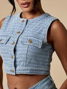 MISSGUIDED Textured Jacquard Button Front Crop Vest Utility Style Summer Festival Denim Top Sleeveless Button Through Modern Y2K Inspired Design - Baby Blue - View 8