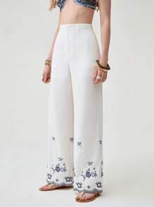 Florisole Women's White Woven Fabric Long Casual Pants With Embroidered Floral Hem Detail And Zipper Closure Fall Cloth For Women - White - View 4