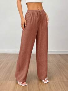 SHEIN PETITE Women's Linen High Waisted Summer Baggy Pants,Fall Women Clothes - Rust Brown - View 4