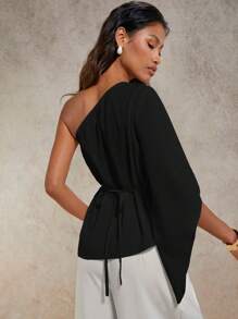 COSMINA Women's Elegant Metal Decor Ruched Asymmetrical Neck Blouse, Suitable For Spring/Summer Vacation Top - Black - View 2