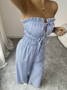 Elenzga Mono de pierna ancha de estilo bandeau y a rayas de verano para mujer