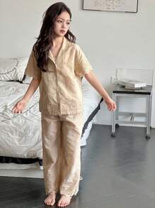 DAZY Conjunto de pijama de unicolor con bordado y mangas cortas para niña preadolescente - Caqui - Ver 3