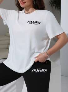 SHEIN EZwear 大码夏季休闲字母印花短袖T恤和紧身裤两件套 - 黑與白 - 查看 5