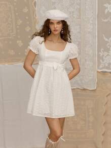 SHEIN MOD 女式白色泡泡袖蝴蝶结荷叶边娃娃裙，复古波西米亚风格 - 白色 - 查看 5