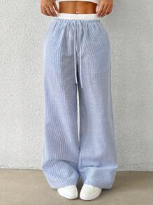 SHEIN EZwear Women's Casual Blue Striped Woven Wide Leg Pants With Loose Fit