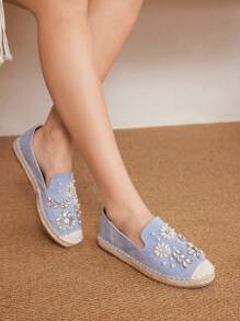 Styleloop Women's Fashion Light Blue Pearl Floral Rhinestone Espadrille Flat Shoes, Suitable For Commuting, Dating, Party, Shopping, Holiday, Boho, Western, Music Festival, Casual Outfit - Blue - View 3