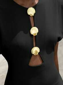 Aveloria Modichic Women's Hollow Metal Buckle Waist Exaggerated Shoulder Dress - Black - View 2