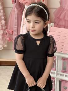 女婴纯色针织拼布网纱泡泡袖紧身连衣裙 - 黑色 - 查看 5