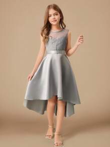 Vestido de Dama de Honra Menina Jovem e Pré-Adolescente, Renda Retalhos Cetim Bainha Alta-Baixa, Casamento, Diário, Show, Festa de Aniversário - Cinza - Visão 1