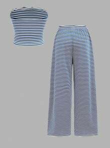SHEIN Girlism Conjunto de Top Canelada Listrada Azul Marinho e Branca com Laço e Calça Pantalona Larga, Estilo Vintage Confortável e Casual, Adequado para Meninas Tween em Casa