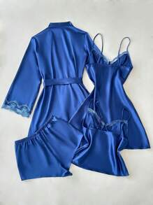SilkySpell 4pcs/Set Embroidered V-Neck Faux Silk Slip Dress + Camisole Top & Shorts + Robe - Navy Blue - View 2