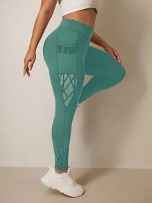 Easithlete Plus Size Women's Functional Seamless Leggings With Pockets, Asymmetrical Mesh & Flocked Design, Tummy Control & Lift Yoga Pants Y2k - Olive Green - View 6