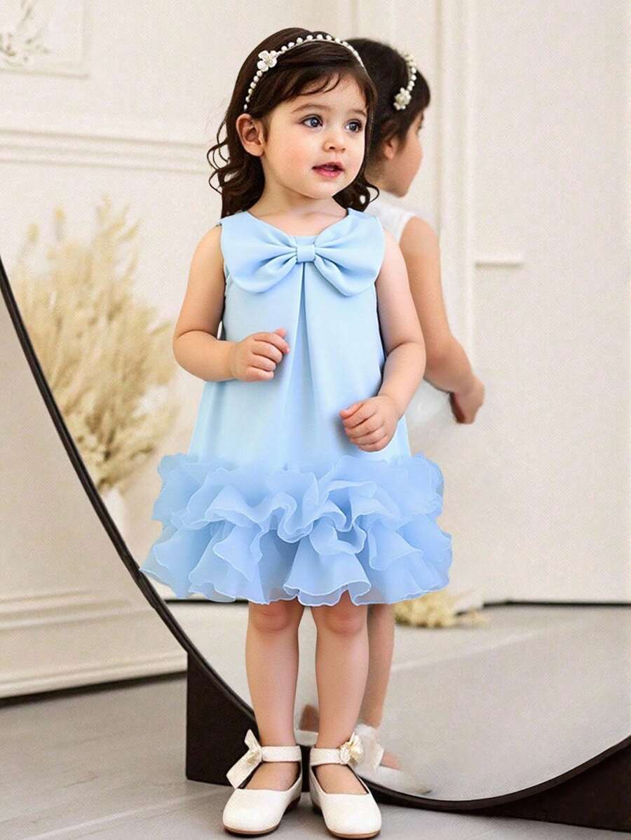 Đầm lưới xếp ly trang trí nơ thanh lịch cho bé gái, thời trang xuân hè - Màu xanh lam - Xem 1