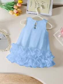 Đầm lưới xếp ly trang trí nơ thanh lịch cho bé gái, thời trang xuân hè - Màu xanh lam - Xem 3