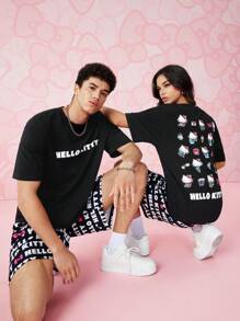 HELLO KITTY AND FRIENDS | SHEIN 1 件休闲卡通字母印花落肩宽松短袖 T 恤，男女通用 - 黑色 - 查看 5