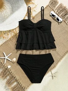 SHEIN 2pcs Goddess-Style Hollow-Out Solid Color Swimwear Set, Suitable For Beach Vacation, Hot Spring Summer Holiday - Black - View 4