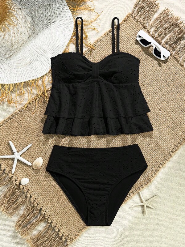 SHEIN 2pcs Goddess-Style Hollow-Out Solid Color Swimwear Set, Suitable For Beach Vacation, Hot Spring Summer Holiday