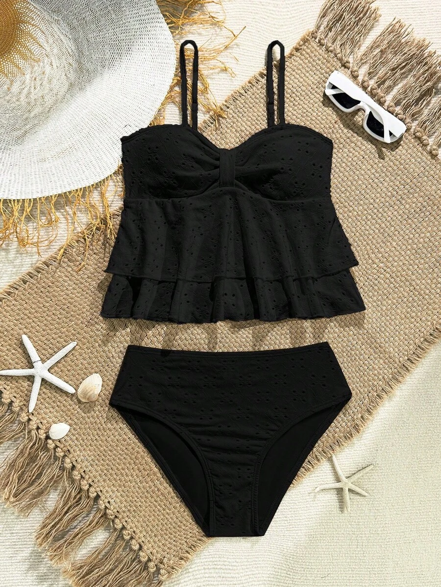SHEIN 2件套女神风镂空纯色泳衣套装，适合海滩度假、温泉 - 黑色 - 查看 1