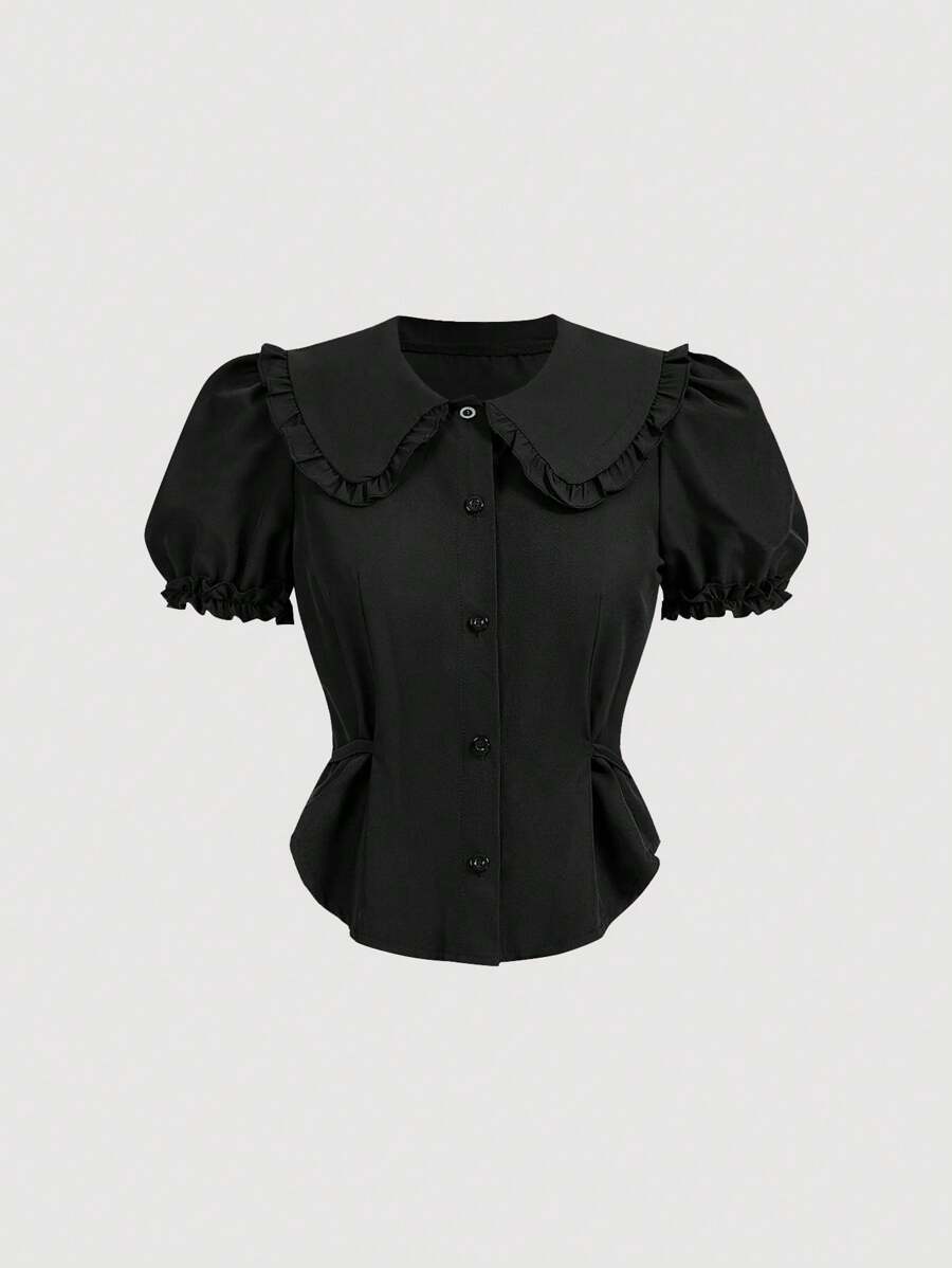 SHEIN MOD Peter Pan Collar Slim Fit Puff Short Sleeve Black Shirt, Summer,Short Sleeve Tops Goth Goth - Black - View 1
