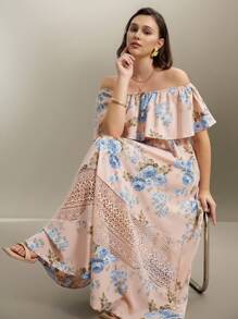 SHEIN LUNE 大码优雅花卉印花露肩蕾丝拼接网眼中长连衣裙，春季连衣裙，适合度假、约会、度假 - 粉色 - 查看 1