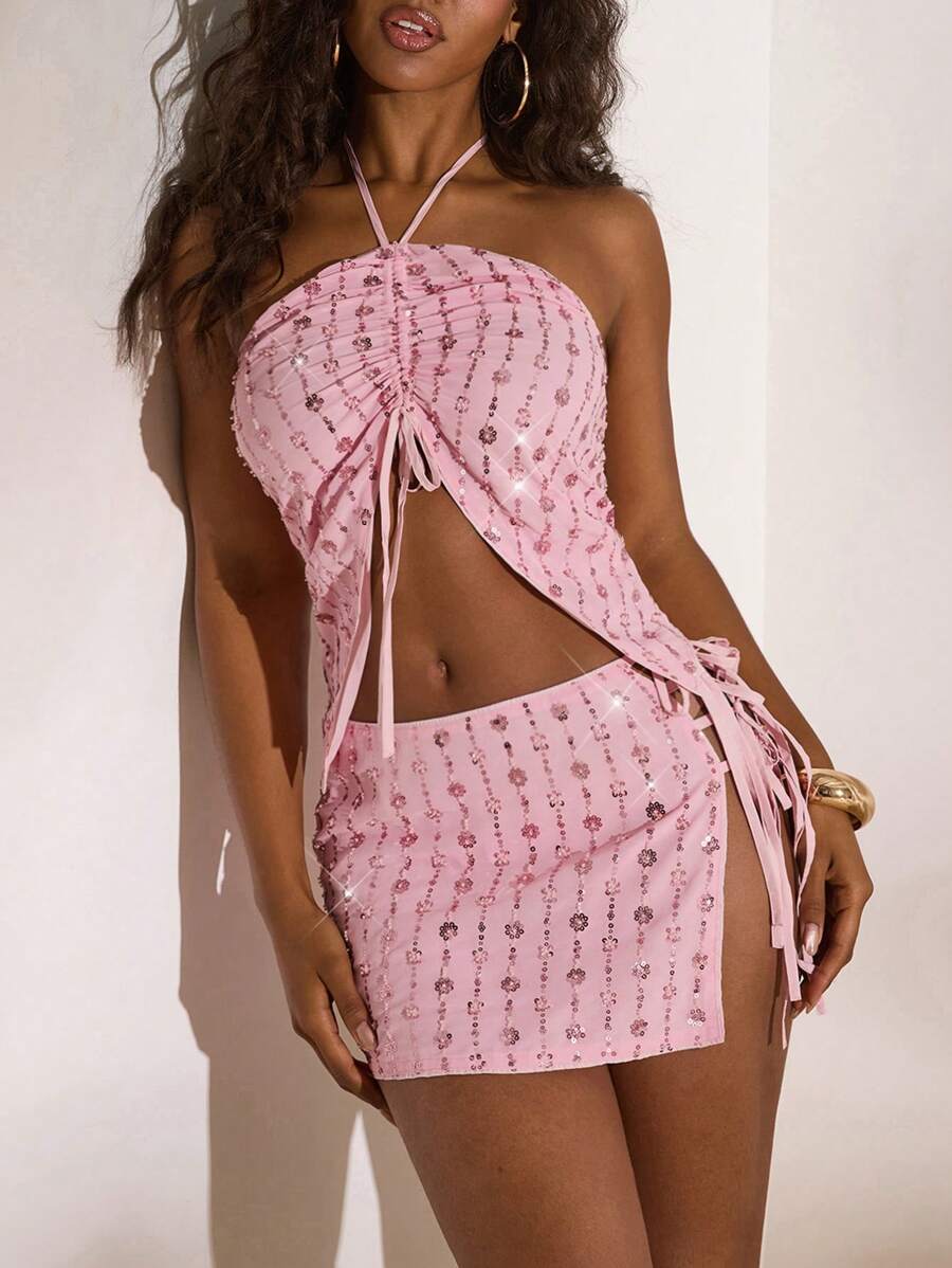 Opulessa Top corto sexy con lentejuelas y cuello halter de mujer tejido liso para vacaciones de verano en la playa - Rosa - Ver 1