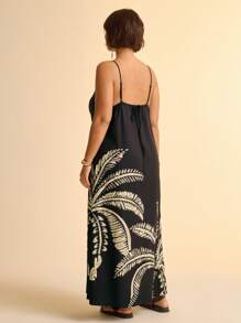 CAJUNI Plus Size Women Coconut Tree Print Sleeveless Vacation Dress