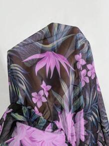 Swim Lushoire 女士V领热带植物印花蝙蝠袖罩衫连衣裙，适合节日穿着 - 紫色 - 查看 6