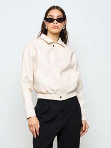 AiiRZ 短款飞行员夹克弹性腰部 Y2K 时尚秋冬外套休闲街头风格短款拉链外套 - 白色 - 查看 4