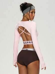 Easithlete Conjunto de Roupas Femininas Esportivas e Fashionistas para Yoga, Fitness, Pilates e Exercícios, Design Confortável, Casual e Versátil com Costas Expostas e Elástico, com Alças Tipo Regata e Enchimento Removível, Não Transparente, Adequado para Corrida, Sobreposição, Top de Manga Longa Rosa - Rosa chiclete - Visão 6