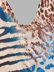 SHEIN ICON 大码女式豹纹胸前镂空抽绳露肩吊带背心 - 彩色 - 查看 3