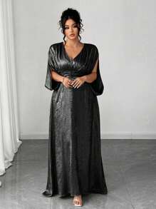 Elenzga 大码女式畅销 V 领开衩腰 A 字型金箔印花全新高品质修身正式晚礼服，优雅高端派对商务鸡尾酒露肩长裙 - 黑色 - 查看 6