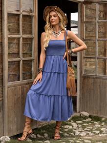 LanaWest Shirred Bodice Ruffle Hem Cami Dress Maxi Women Outfit