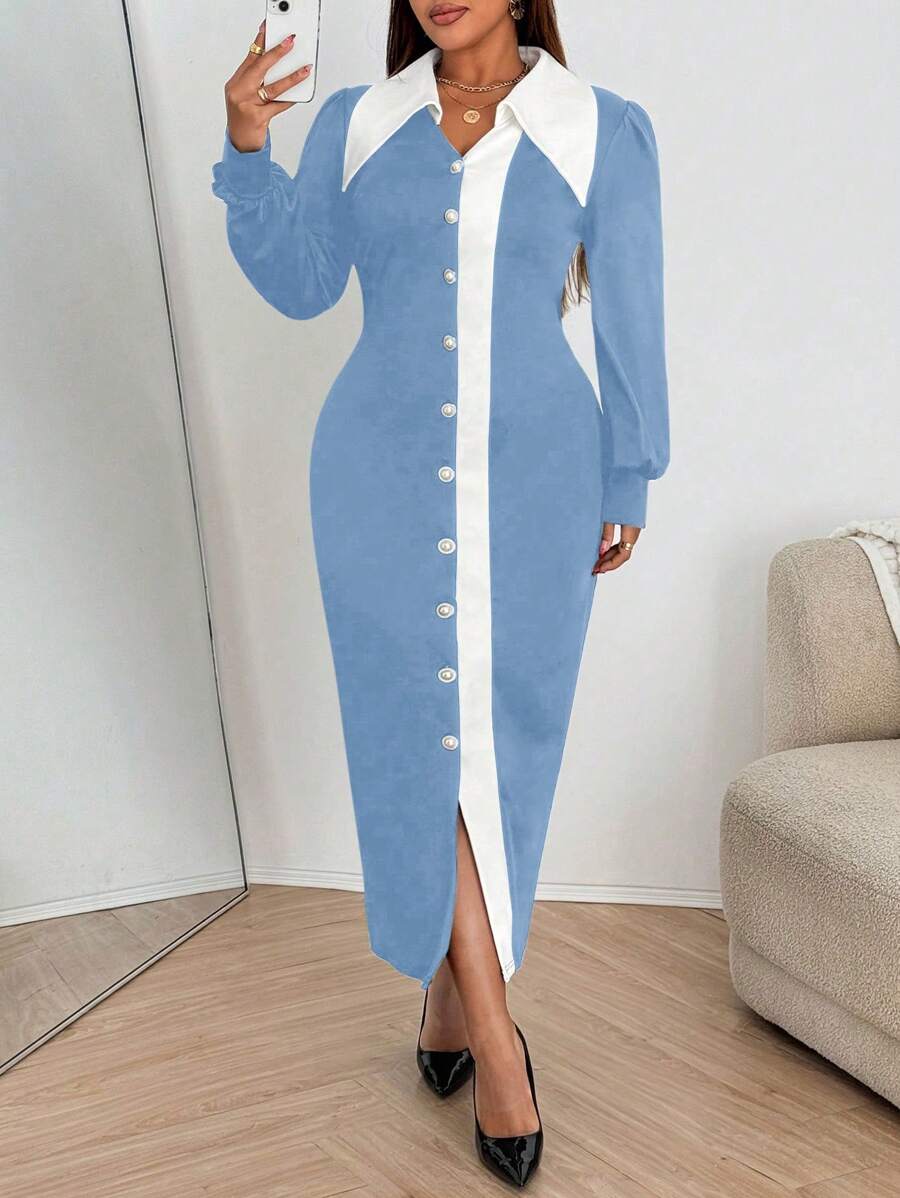 Flirla Strickkleid für große Größen mit Bubble-Ärmeln, Hemdkragen und Knopfleiste - Blau-Weiß - Übersicht 1