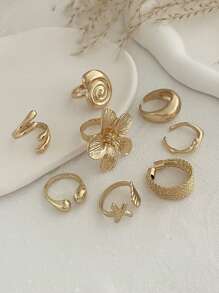 ROMWE Goth 8 件套时尚海洋风格戒指，闪亮海星贝壳花几何金属开口戒指，金色，适合女性/女儿/妻子的礼物 - 金黃色 - 查看 4