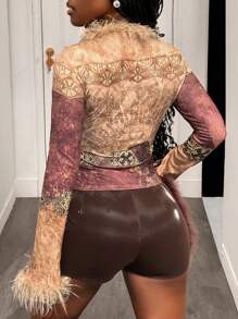 Slaydiva 2025年夏季新款镂空开衫，带蝴蝶结、领带、蓬松领口和袖口，抽象印花，休闲女士上衣，适合音乐节、生日派对、毕业季、日常穿着、度假、邮轮旅行、海滩、日光浴、社交媒体 - 彩色 - 查看 3