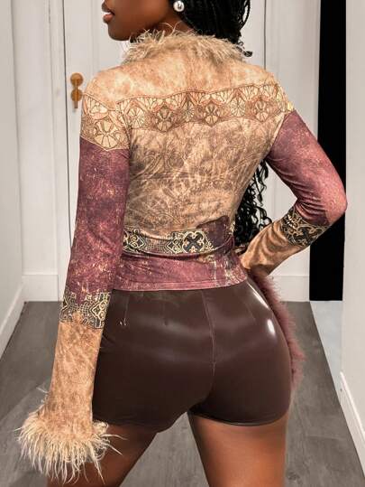 Slaydiva Women's Maroon Autumn Punk Night Out Abstract Print V-Neck Long-Sleeved Tie Cardigan,Fur Collar Fur Cuffs Tied Bow Jacket,Versatile Leisure Slim Tops