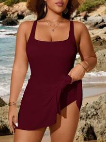 SHEIN Swim Curve Plus Size Solid Color Tie-Front Swimsuit Skirt, Beach Resort Style For Summer Beach Vacation