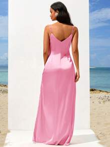 Opulessa Valentine Day 1pc Women's Solid Color Woven V-Neck Sleeveless Maxi Fish Tail Dress - Pink - View 2