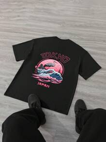 Manfinity Homme Camiseta de manga corta informal con gráfico de puesta de sol romántica de Tokio para hombres, para amigos