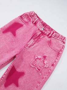 SHEIN Explorewe Pantalones vaqueros de estilo casual y urbano Y2K para adolescentes, lavado azul claro desgastado con bordado de estrella, cintura elástica, corte holgado - Rosa Fucsia - Ver 6